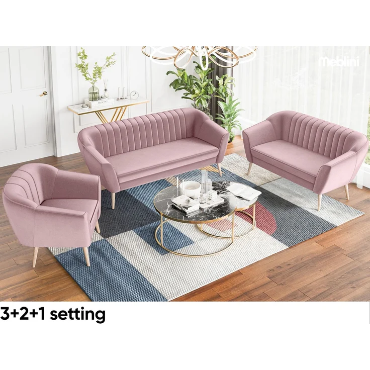 MEBLINI Mini Sofa 3-Sitzer für Wohnzimmer - Mini Lounge für drei Personen - Küchensofa - Sofa Klein - KAIA - 3 - Rosa Samt – Bild 5