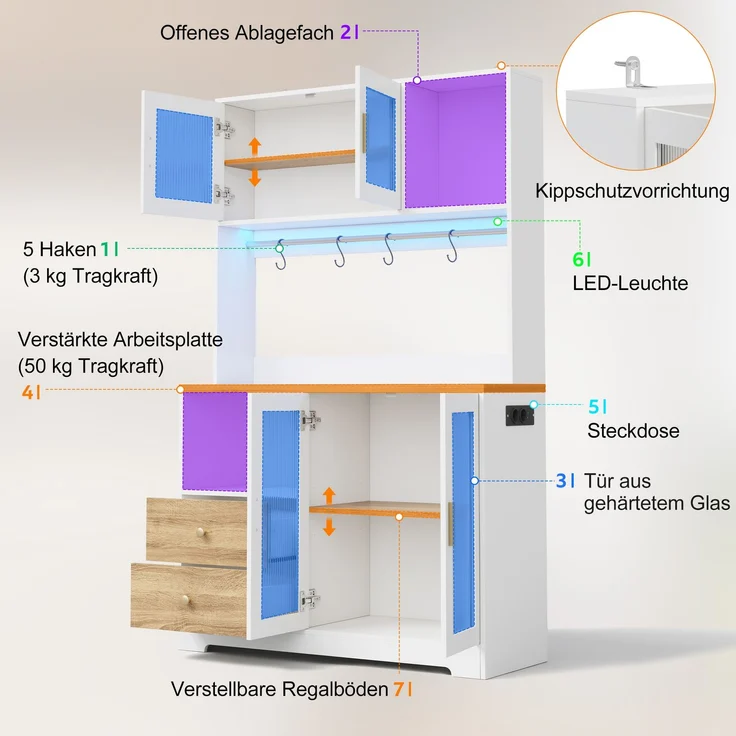178 cm Küchenschrank, Hochschrank mit LED, Küchenregal mit Steckdose, Vitrine mit Türen aus gehärtetem Glas, Weinregal, Weiß mit Holzoptik verstärkter Arbeitsplatte--Natur + Weiß--110x40x178cm--YOUDENOVA – Bild 4