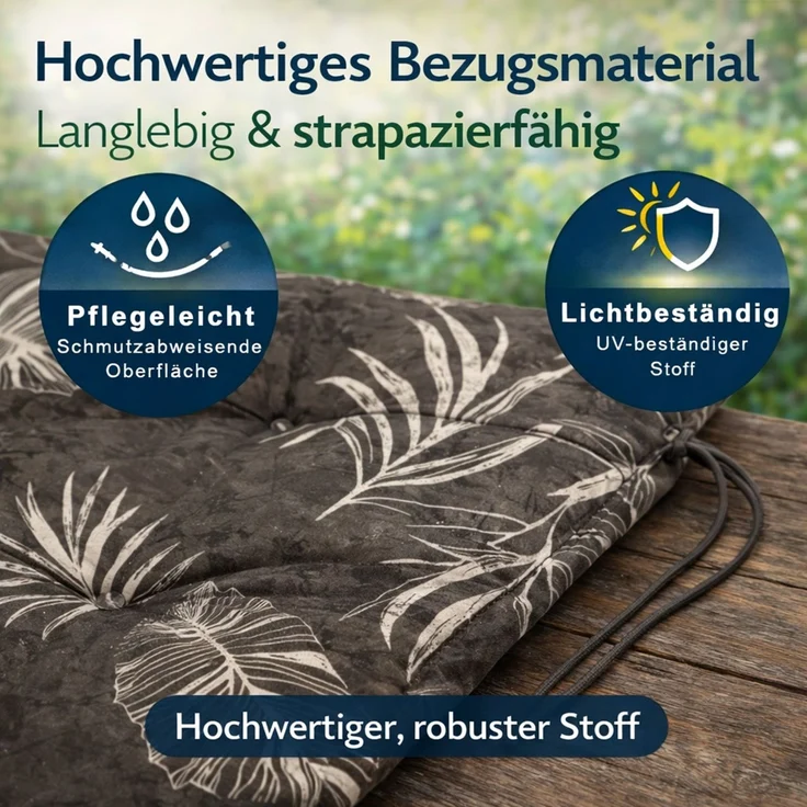 BURI 2x Hochlehner Auflage 117x49x6 cm - wetterfeste Gartenstuhlauflage mit Schaumkern & Vollvlies, Halteband & Bindebänder, bequemes Stuhlpolster für Balkon, Terrasse & Garten (Grau Blätter) – Bild 7