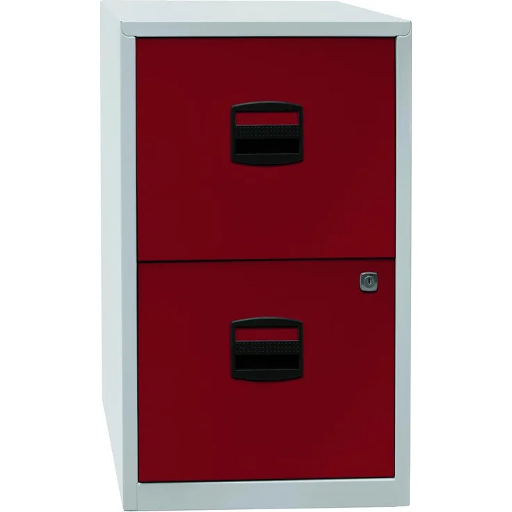 Bisley Home Hängeregistraturschrank mit Schloss aus Stahlblech, 2 Schubladen, einbahnig - Hängeregisterschrank abschließbar, Hängeregistratur für Hängemappen & Hängeordner - Farbe: grau/rot, PFA2-506