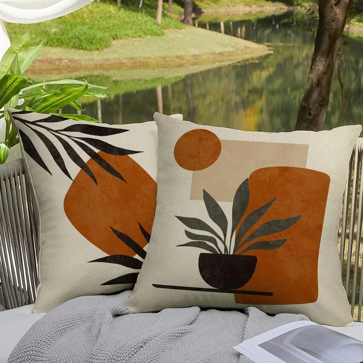 Boho Kissenhüllen 45×45 cm 4er-Set Abstrakte Sunset Plant Olive, Minimalist Modern Art, Bohemian Dekoration – Bild 8