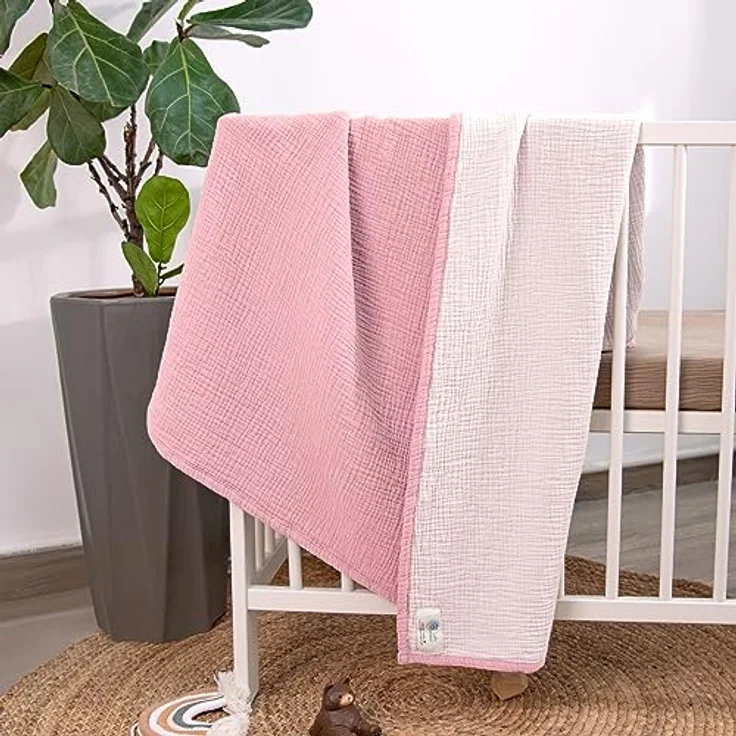 lulumoon Musselin-Babydecke – Baumwoll-Steppdecke für Kleinkinder – wendbare Kinderbettdecke für Babys, Jungen und Mädchen, 120x120 cm (Rosa) – Bild 4