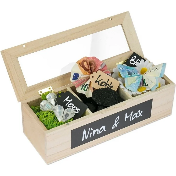SURPRISA Geschenkbox Schotter-Schatulle Geldgeschenk, aus Paulownienholz, 3 Fächer, Geschenk zur Hochzeit, Geburtstag usw. – Bild 1