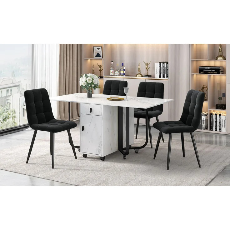 Essgruppe Set, klappbarer Esstisch 150x80x76 cm & 4 schwarze Samtstühle – Bild 2