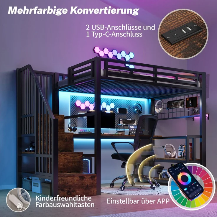Hochbett mit RGB LED-Streifen, Schreibtisch, Treppe, Regal, Wandgitter, USB, Type-C, 90x200cm, Kinderbett, Metallbett – Bild 4