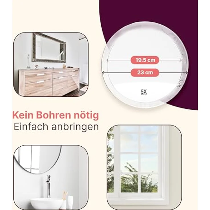 Fantasia Beauty® Kosmetikspiegel Ø 23 cm, 5-fache Vergrößerung, 3 Saugnäpfe für sicheren Halt, perfekt zum Schminken & Rasieren, ohne Bohren, ideal für Bad, Dusche & Reisen – Bild 4
