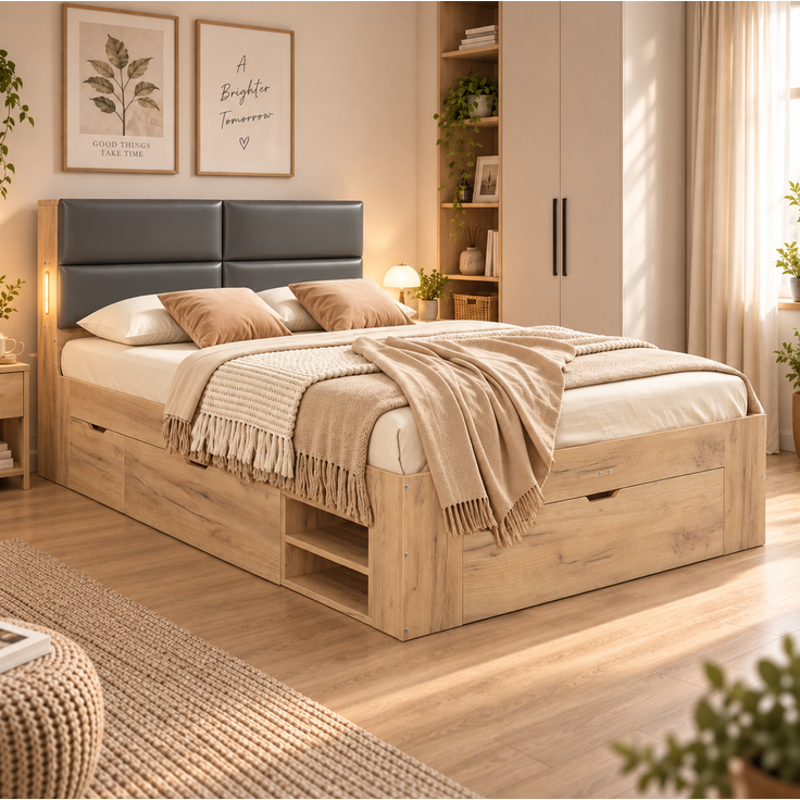 Stauraumbett aus MDF mit USB-Anschluss, Schubladen & Lattenrost, 140x200 cm, Natur, ohne Matratze – Bild 3