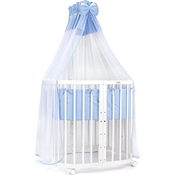 Waldin Babybett aus Holz 7in1 mit Matratze, mitwachsendes Kinder-Bett, belüftet, Boden 5-fach verstellbar, All-Inclusive-Set Holz weiß, Stoffe blau