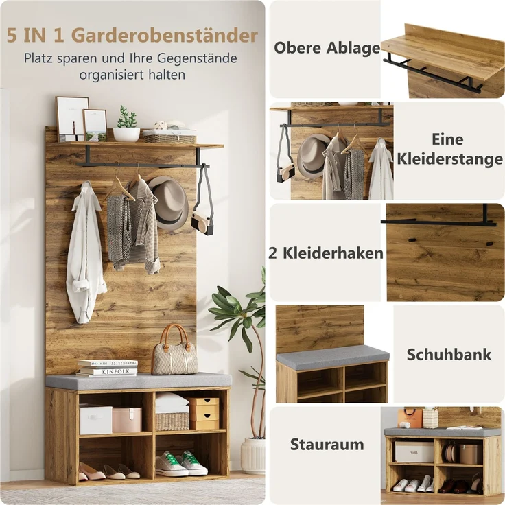 Garderobenset mit Schuhbank, verstellbarem Regal und Kleiderstange, 84x35x175 cm, Eiche – Bild 5