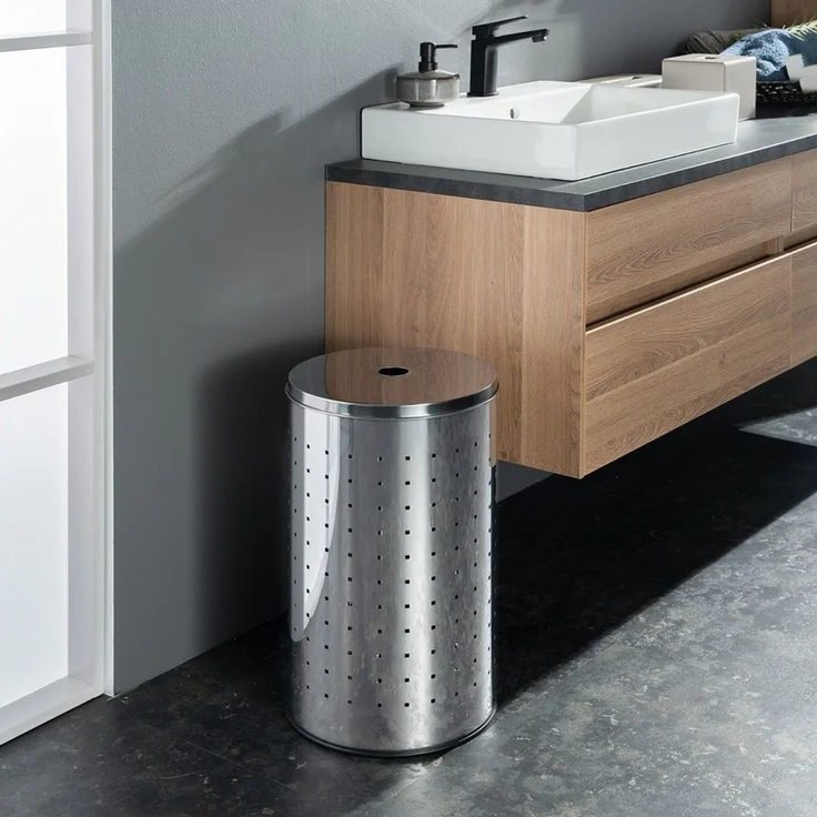 Home4You Wäschetonne Edelstahl, 37 Liter Fassungsvermögen, H 54 cm, mit Deckel und Belüftungslöchern, Ø 29 cm – Bild 2