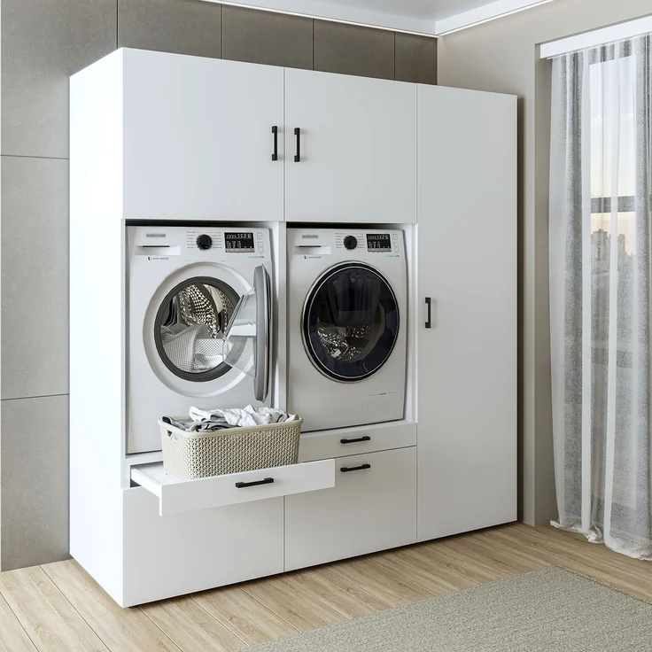 Roomart Waschmaschinenschrank Doppelschrank – SERIE 2 – 194 cm breit, Überbauschrank für Waschküche & Hauswirtschaftsraum – 205 cm hoch – mit Ausziehbrett & Schubladen – • Weiß – Bild 2