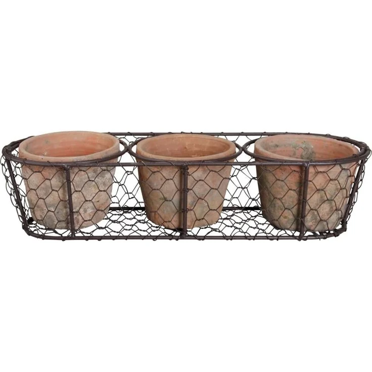 3 Aged Terracotta Blumentöpfe im Drahtkorb – Bild 1