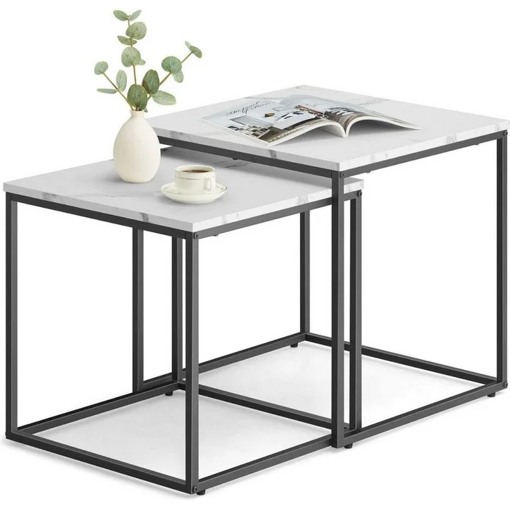 Home Collective Couchtisch 2er Set Beistelltisch Loft Design 2in1 Verschachtelung Wohnzimmer, kratzfeste Oberfläche 50&45cm Marmor Optik, schwarz Beinen quadratisch – Bild 1