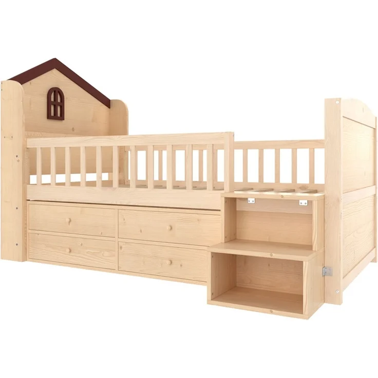 Halbhohes Bett, 90x200cm, Hausform mit Fenster, 4 Schubladen, LED-Lichtleiste, Lagerleiter, ohne Matratze, Natur – Bild 7