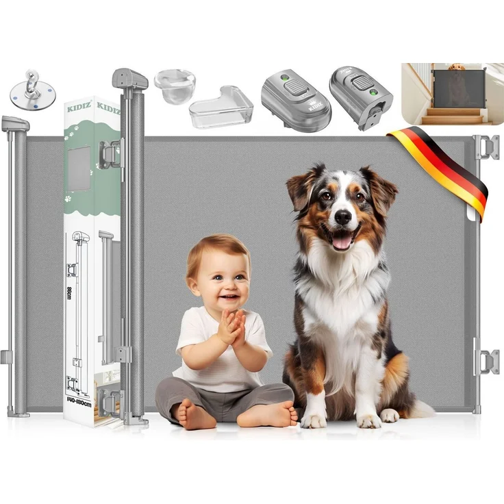 KIDIZ® Treppenschutzgitter Türschutzgitter ausziehbar bis 140/180cm | kindersicheres Treppengitter für Babys & Haustiere | Schutzgitter Treppen & Türen Absperrgitter inkl. Bodenanker & Montagezubehör Hellgrau, 0-140cm – Bild 1