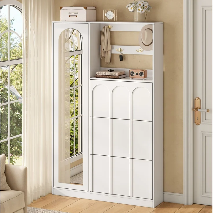 Garderobenschrank aus MDF mit Spiegel und 3 Schuhklappen, 100x24x164 cm, Weiß – Bild 3