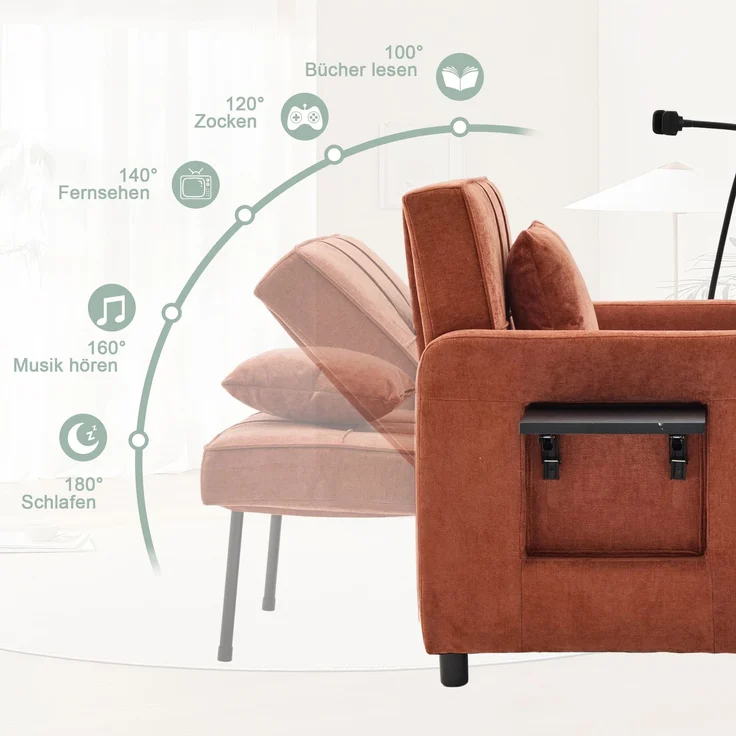 LVHOM Multifunktionaler Schlafsessel mit klappbarer Ablage, Ausziehbares 1-Sitzer Schlafsofa mit Handyhalter und Seitentaschen, Loungesessel, Orange – Bild 5