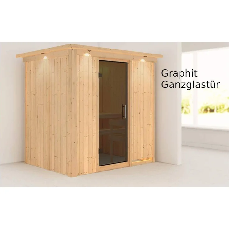 Karibu Sauna Bodin mit Dachkranz + 9kW Saunaofen mit ext. Steuerung Easy Graphit-Ganzglastür – Bild 6