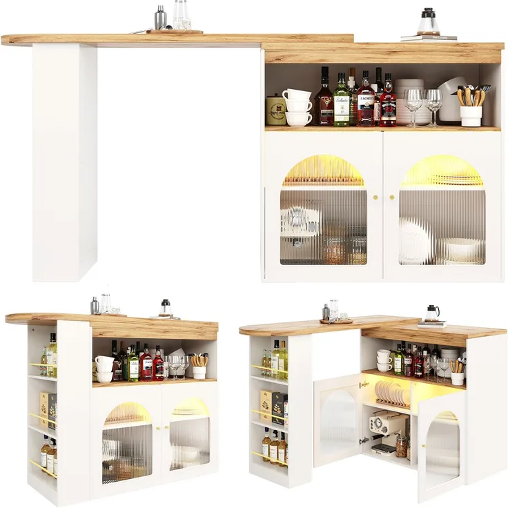 Bartisch B 138-193 x T 39 x H 105 cm, ausziehbar & 360° drehbar, Weiß mit Glasfront und LED-Lichtleiste