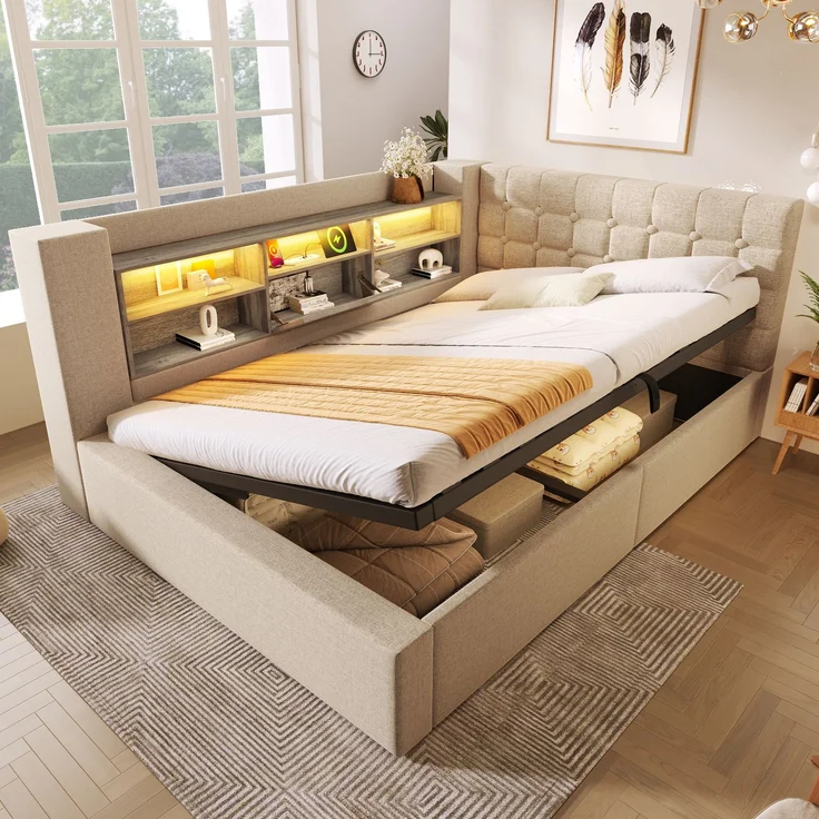 U-life Polsterbett Doppelbett 140x190 cm, hydraulischer Stauraum, L-förmigem, Beidseitig montierbar, Lattenrost, Leinen, Beige – Bild 1