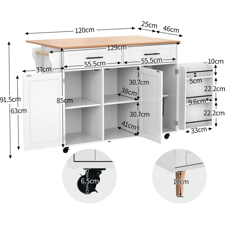 129x46(71)x91,5 cm großer Speisewagen/Sideboard, Arbeitsplatte mit Massivholzmaserung + Weiß Schrank/faltbare Arbeitsplatte/Aufbewahrungstür-Design/Räder/Massivholzfüße umschaltbar/für Zuhause geeig – Bild 7