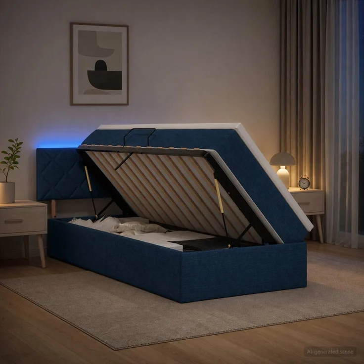 vidaXL LED-Speicherbett mit Matratze Blau 90 x 200 cm Stoff 3459104 – Bild 1