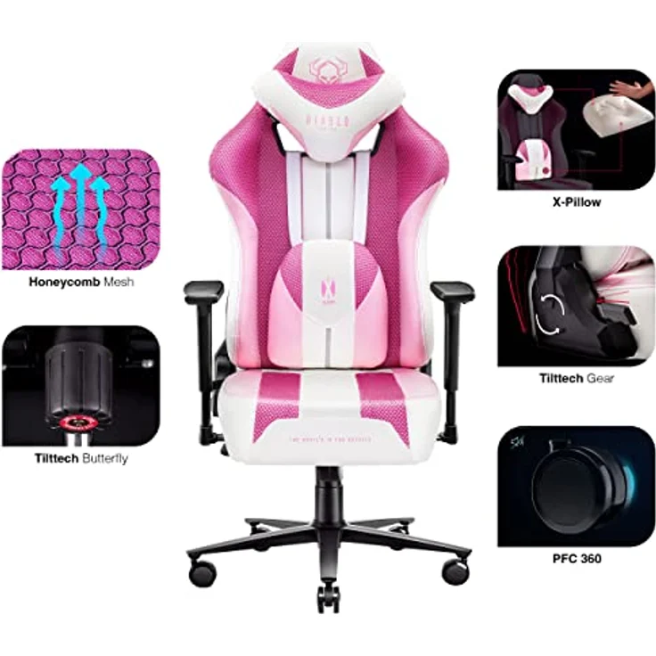 Diablo X-Player Gaming Stuhl Bürostuhl Schreibtischstuhl Stoff 3D Armlehnen Ergonomisches Design Nacken/- Lendenkissen Marshmallow Pink Normal (L) – Bild 5