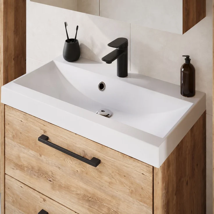 Badplaats Badmöbel Komplettset Florence XL 60 x 35 cm Kastanien Eiche - Badezimmermöbel mit Waschbecken, Spiegelschrank und 2 Hochschränke – Bild 4