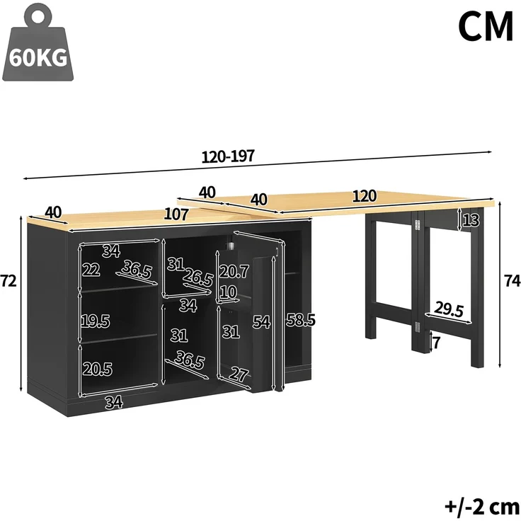 Merax Ausziehbarer Kücheninsel-Esstisch mit App-steuerbarer RGB-LED, 120-197cm, 360° drehbar, mit magnetischen Türen & Glas-Einlegeböden, Schwarz, belastbar bis 60kg – Bild 4