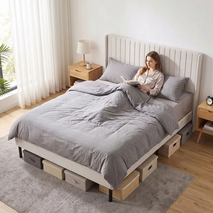 HOMCOM Bettgestell, Holland-Samt, Sperrholz, Beige, 207 x 148 x 112 cm – Bild 9