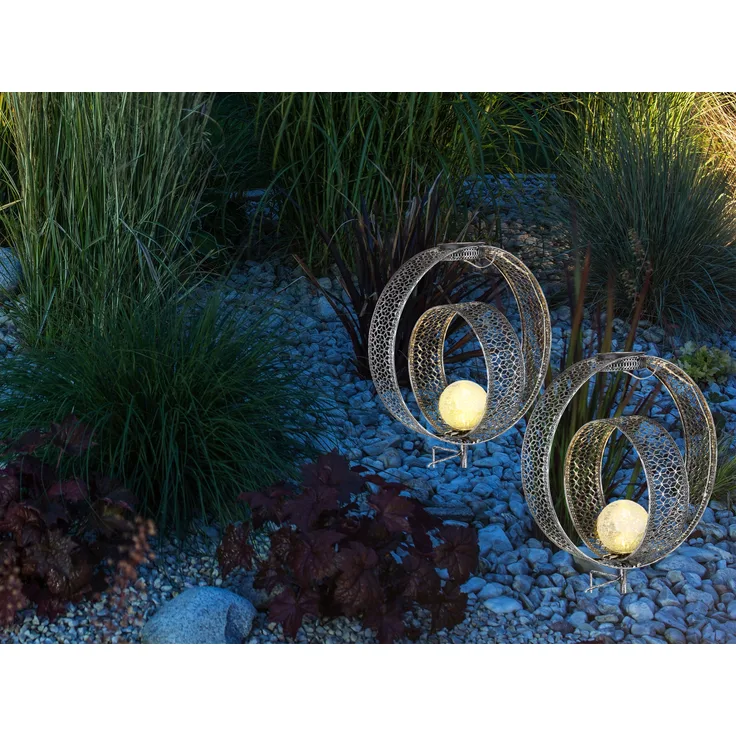 2er Set LED Solarleuchten Dekorstanzungen in Silber & Crackleglas, Höhe 42cm