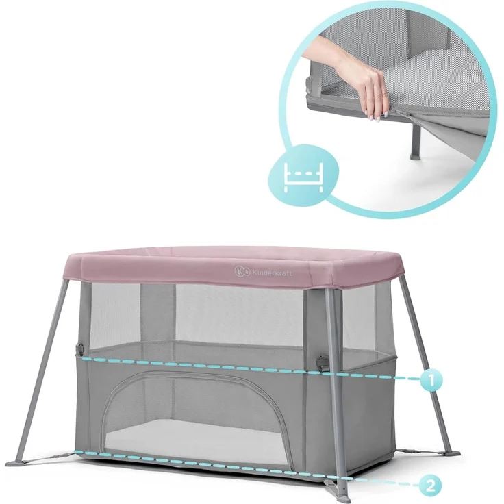 kk Kinderkraft Kinderkraft Reisebett 2 in 1 MOVI, faltbares Kinderbett, Laufgitter, Separater Eingang, 2 Matratzenhöhen, Zusammenklappe, mit Zubehör, Matratze, Tragetasche, Rosa, Stahl, Aluminium – Bild 6