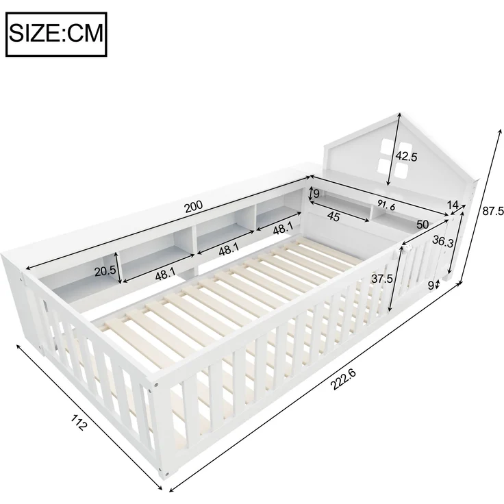 Kinderbett 90 x 200 cm, Mit Dachleiste und Fenster, Mit Staufach zur Aufbewahrung, Mit Sicherheitsgitter und Tür, Rundum-Sicherheitsschutz, Massivholzbett mit Lattenrost, Einzelbett, Weiß – Bild 6