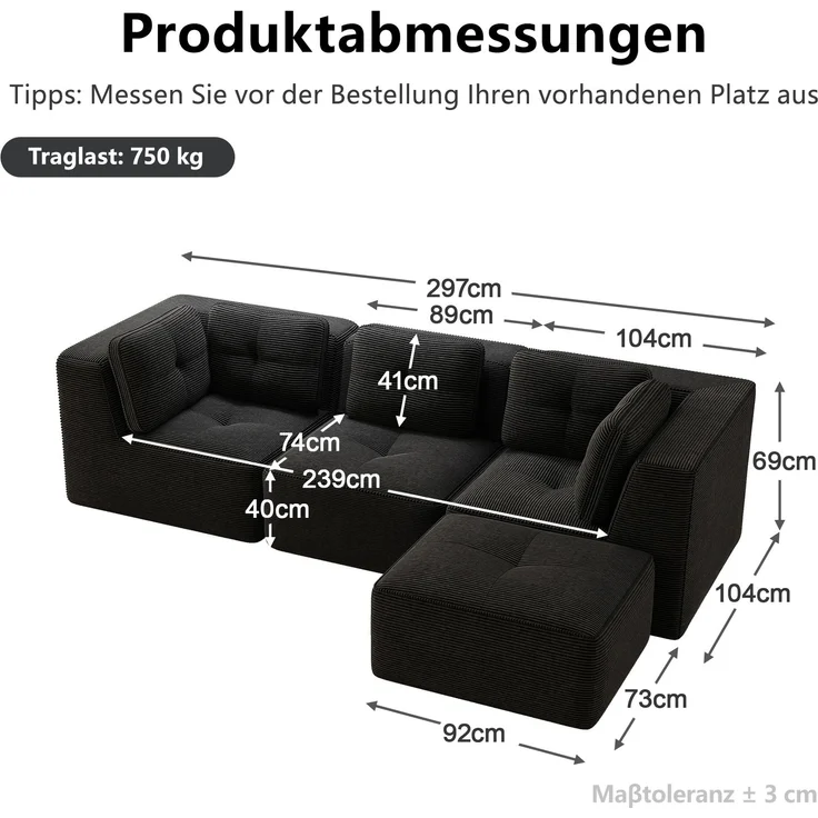 EINHOM Rahmenloses L-förmiges Ecksofa, modulares Ecksofa, Ecksofa mit Ottomane, modulares Cordsofa, Dreisitzer-Cordsofa mit tiefer Sitzfläche für das Wohnzimmer, kein Aufbau erforderlich, Schwarz – Bild 2