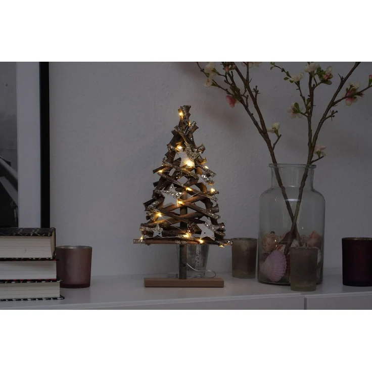 Spetebo LED Dekolicht Holz LED Weihnachtsbaum 37 cm im Naturlook, 2, LED, warmweiß, Holz Deko Tannenbaum mit Sternen und Lametta – Bild 2