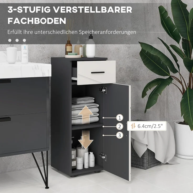 Kleankin Badkommode Badezimmerschrank mit Schublade, Verstellbar Ablagen (Badschrank, 1 St, Aufbewahrungsschrank), für Badezimmer, Wohnzimmer 30 x 30 x 82 cm Grau – Bild 5