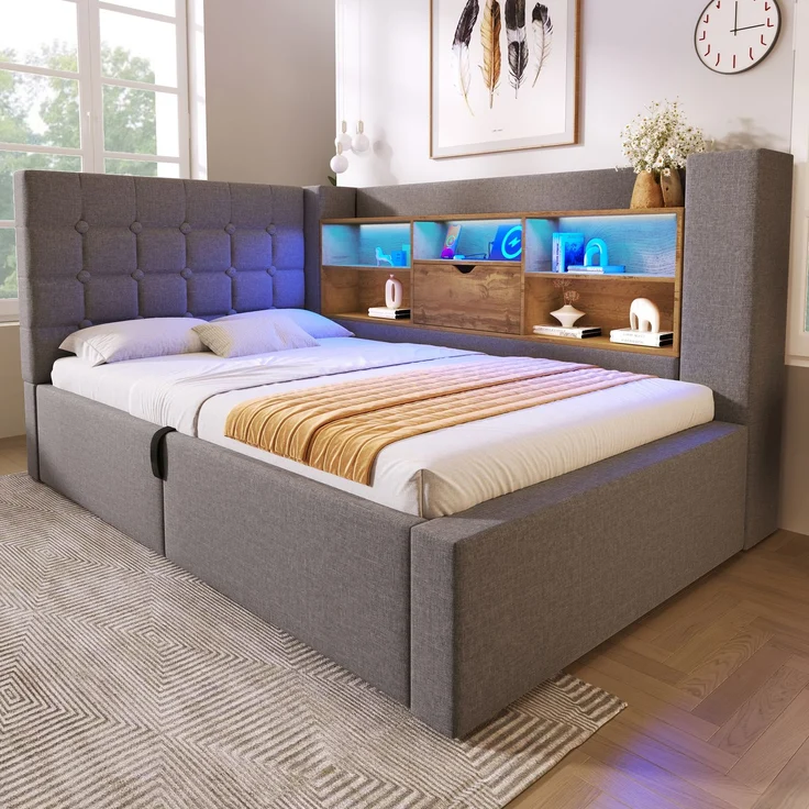 Polsterbett 90x200 cm Einzelbett mit LED-Beleuchtung, hydraulischem Stauraum, L-förmigem Kopfteil mit Stauraum, beidseitig montierbar, Grau – Bild 3