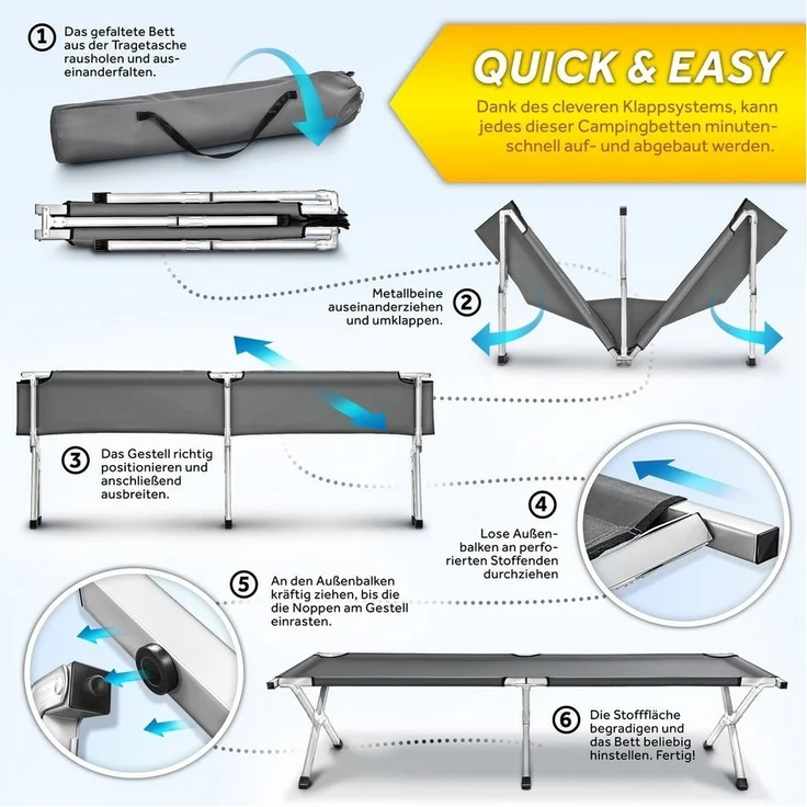 TRESKO Feldbett Campingbett XXL Liege Gästebett Reisebett Metallrohr - Belastbarkeit bis 150kg – Bild 2