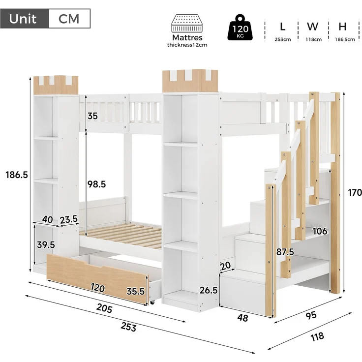 Etagenbett mit 2 Liegeflächen à 90×200 cm, Rausfallschutz und Stauraumtreppe, Weiß, ohne Matratzen – Bild 5