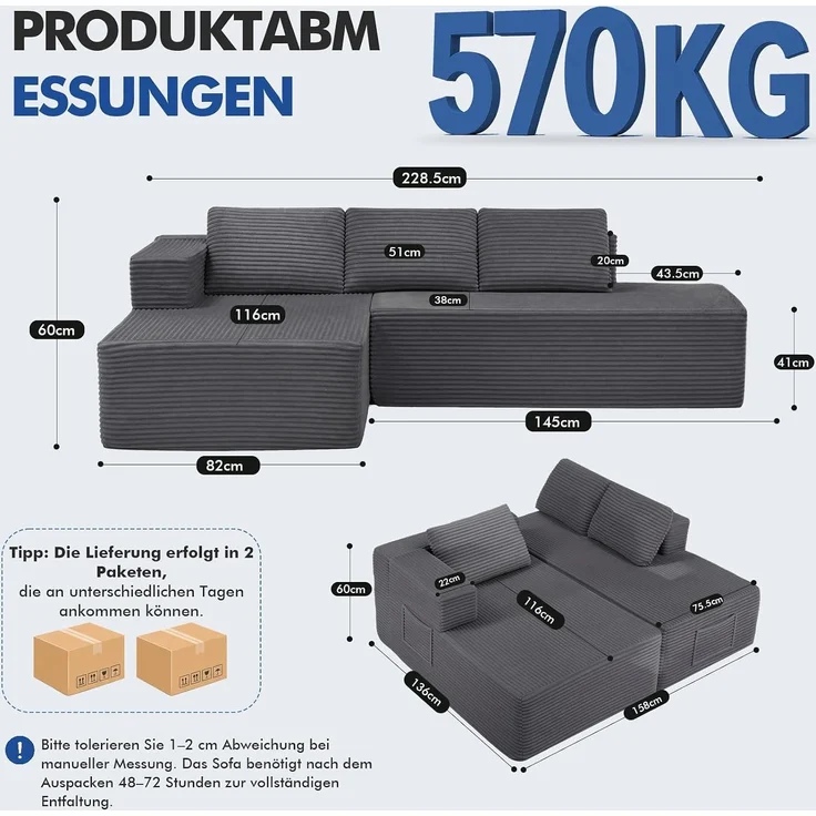 COMHOMA Ecksofa mit Schlaffunktion, 228cm Corduroy Modulares Boneless Couch mit Chaiselongue & Rücken-Metallgestell, L-Form Schlafsofa mit offenem Design, Kissen & Seitentaschen,für Wohnzimmer, GRAU-R – Bild 8