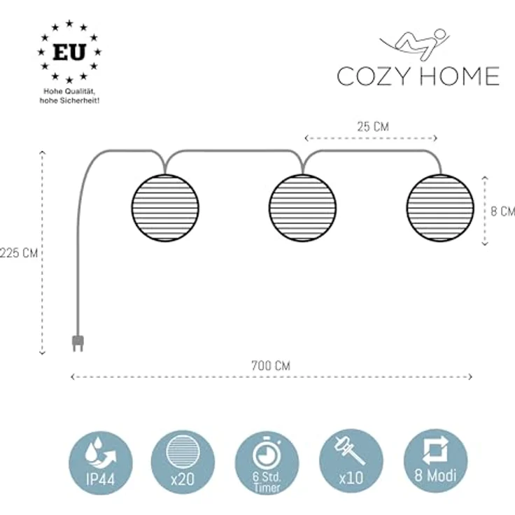 COZY HOME LED-Lichterkette Lampion Lichterkette - Batterie, Stecker und Solar, 20 Lampion LEDs I Timer-Funktion I 7 Meter mit 8 Mod I Wetterfest – Bild 4