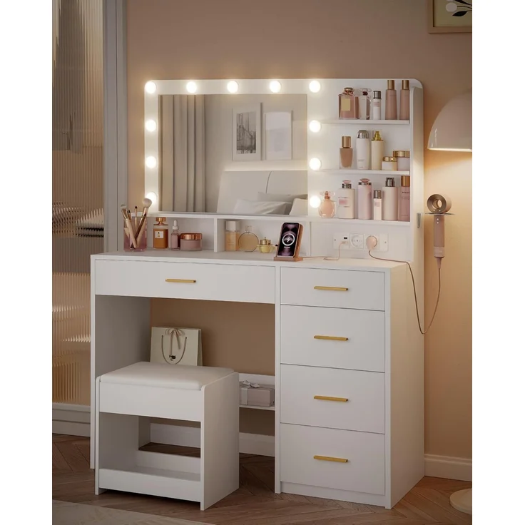 Schminktisch mit 10 LED-Beleuchtung, Hocker, Frisiertisch mit Große Spiegel, Schminktische mit Stecker, Und Haartrocknerhalter, Und Mehreren Schubladen, Weiß, 40 × 108 × 139cm – Bild 5
