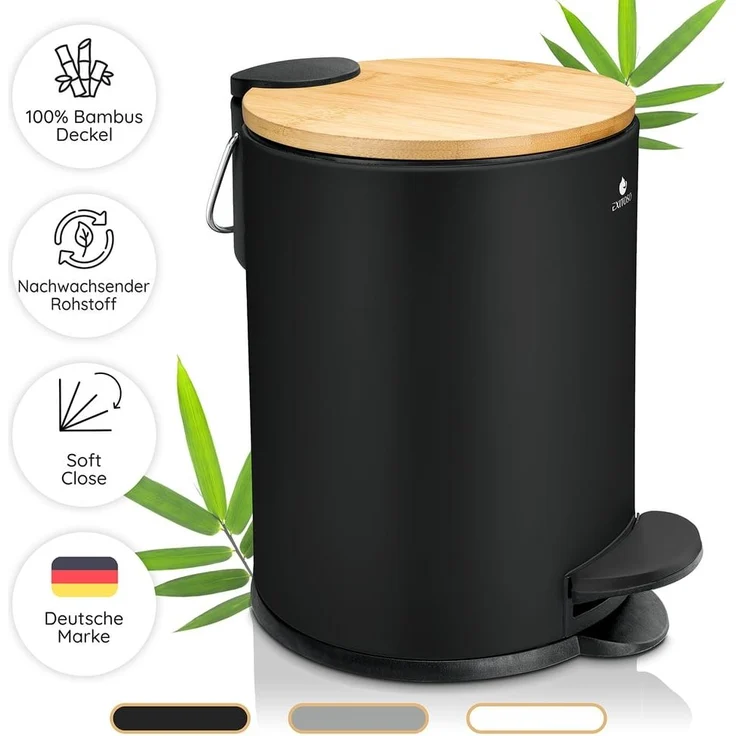 Exitoso Mülleimer 3 L leicht entleerbar Bambus, Kosmetikeimer WC-Eimer Tretmülleimer klein, mit Softclose-Funktion – Bild 2