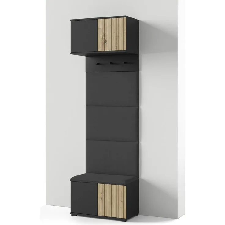 Garderoben-Set Rosario Version 5 mit Lamellen, mit Polsterplatten und Schuhschrank (Schwarz / Eiche Artisan, Trinity 16), 225 x 40 x 70 cm
