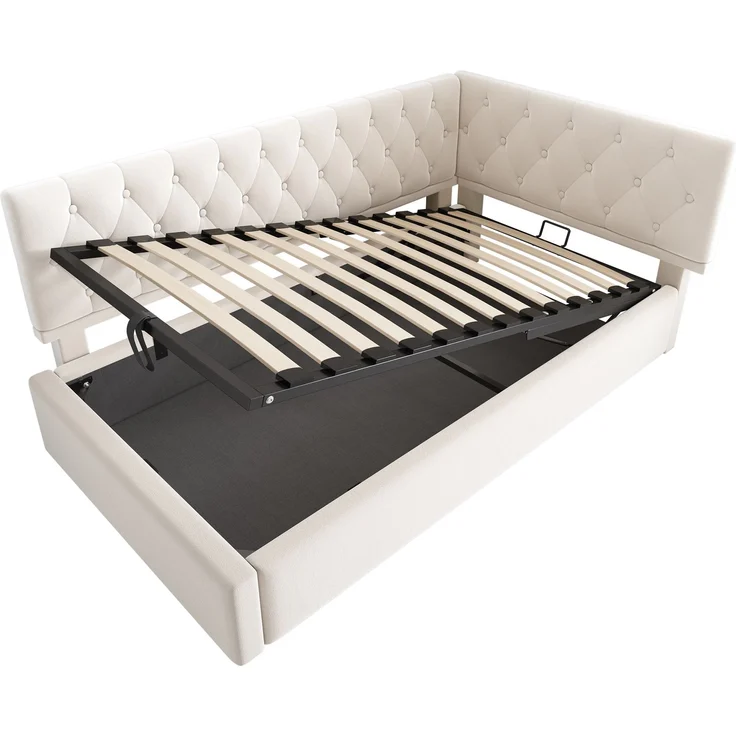 Polsterbett 90x200 cm aus Samt mit hydraulischem Stauraum – L‑förmiges Daybed, beige – Bild 8