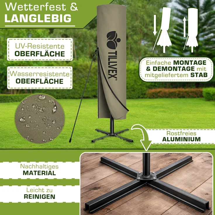 tillvex Alu Ampelschirm Braun LED Solar Ø 350 cm mit Kurbel | Sonnenschirm mit An-/Ausschalter | Gartenschirm UV-Schutz Aluminium | Kurbelschirm mit Ständer Marktschirm wasserdicht – Bild 4