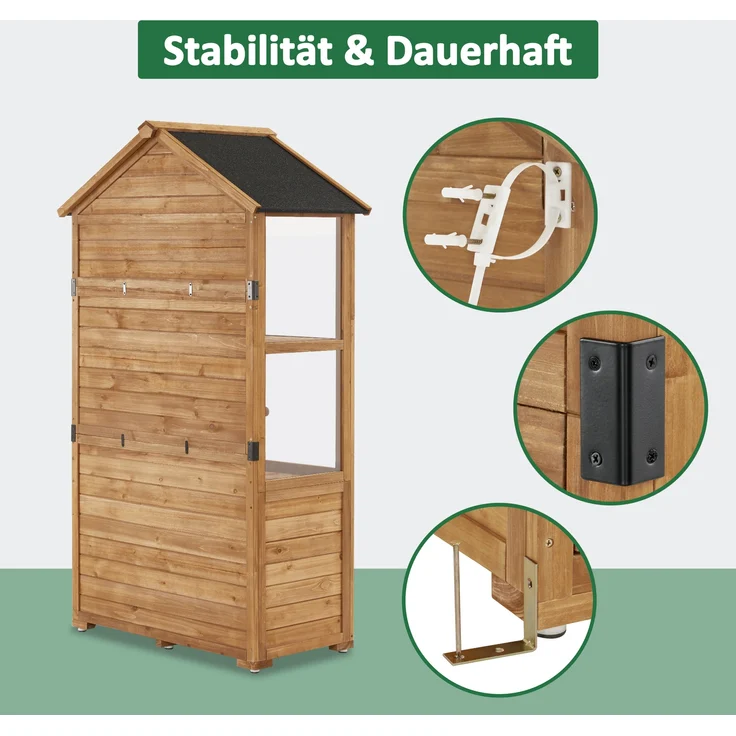 M MCombo Gartenschrank Holz Klein, Outdoor Gartenhaus Gerätehaus Wetterfest, Gewächshaus für Balkon & Terrasse, 0111 (Natur) – Bild 7