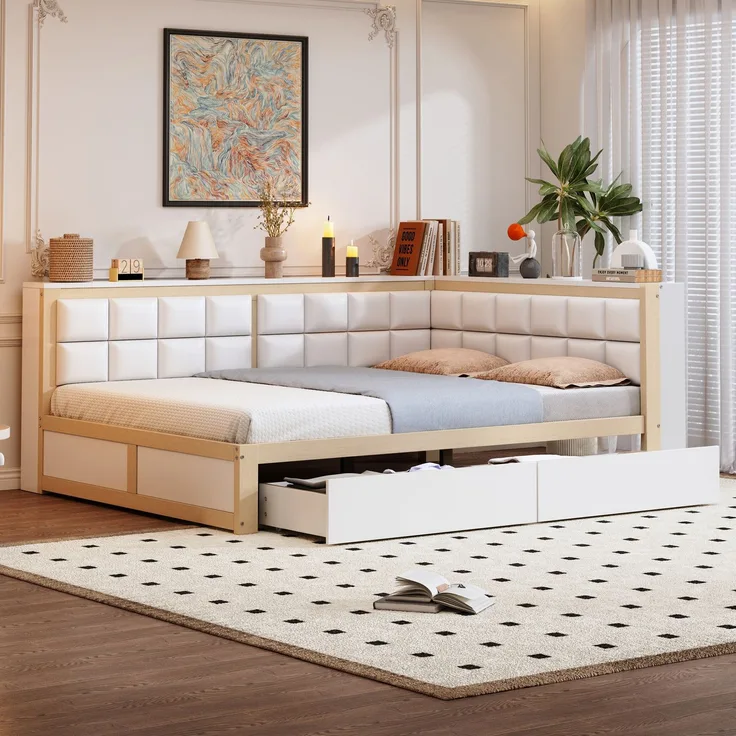Sofa-Holzbett, 140 x 200, multifunktionales Bett mit weicher Rückenlehne, großer Stauraumschublade, Einzelbett, Jugendbett, Holzbett aus Kiefernholz, Holz, Holzfarbe, 140 x 200 cm