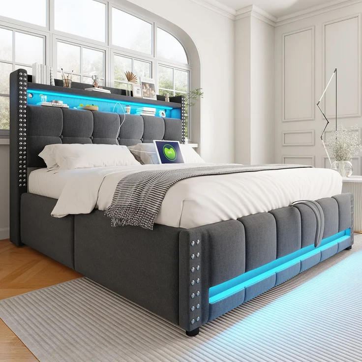 Polsterbett 140×200 cm mit Bettkasten, LED-Beleuchtung und USB-Anschluss, Grau – Bild 4