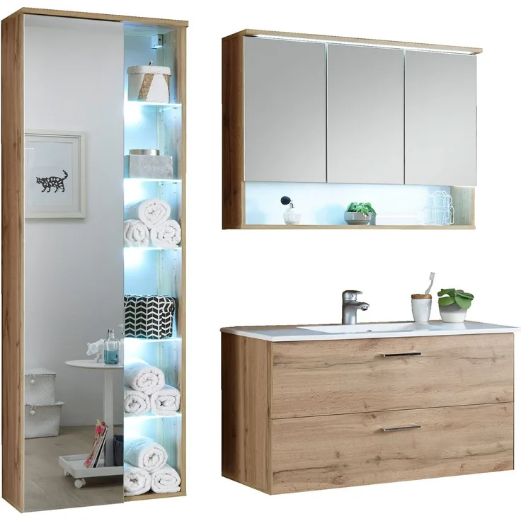 Bad-Set 3-tlg. 'Best' mit LED-Beleuchtung und Waschbecken, Wildeiche